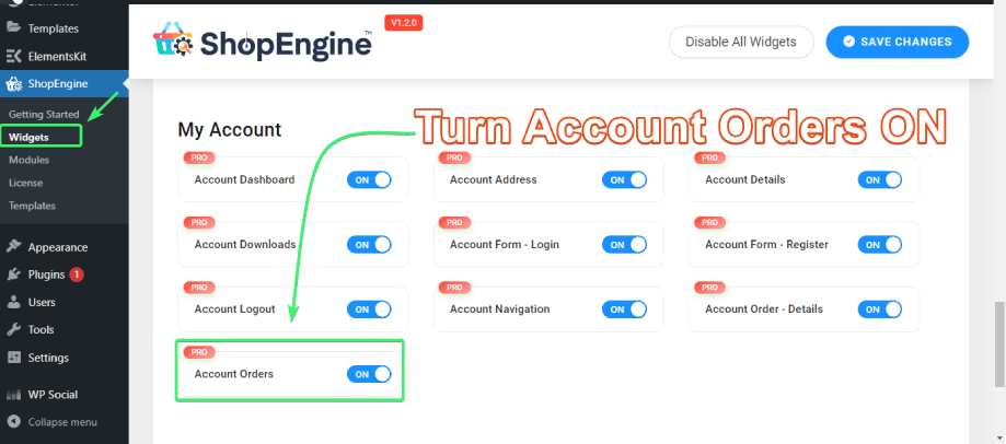 ativar o widget de pedidos de conta na lista de widgets da minha conta