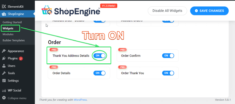 włącz dane adresowe z podziękowaniami z listy widżetów zamówień