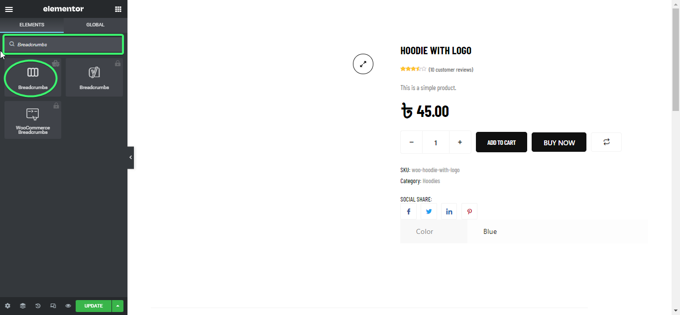 find the breadcrumbs widget of ShopEngine on elementor