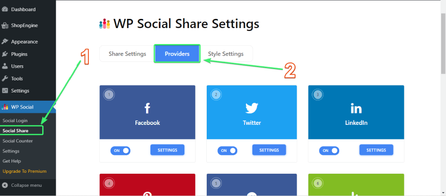 Accédez à la liste des fournisseurs de partages sociaux sur Wp Social