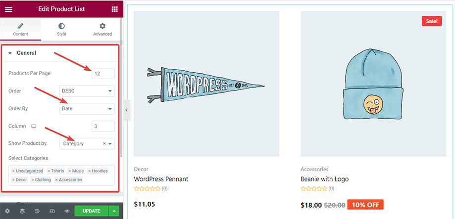 Modifica widget elenco prodotti