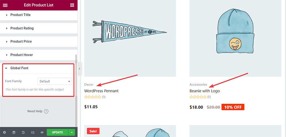 Aggiungi carattere globale con l'elenco dei prodotti