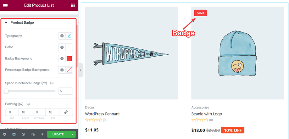 Modifica dello stile del badge del prodotto