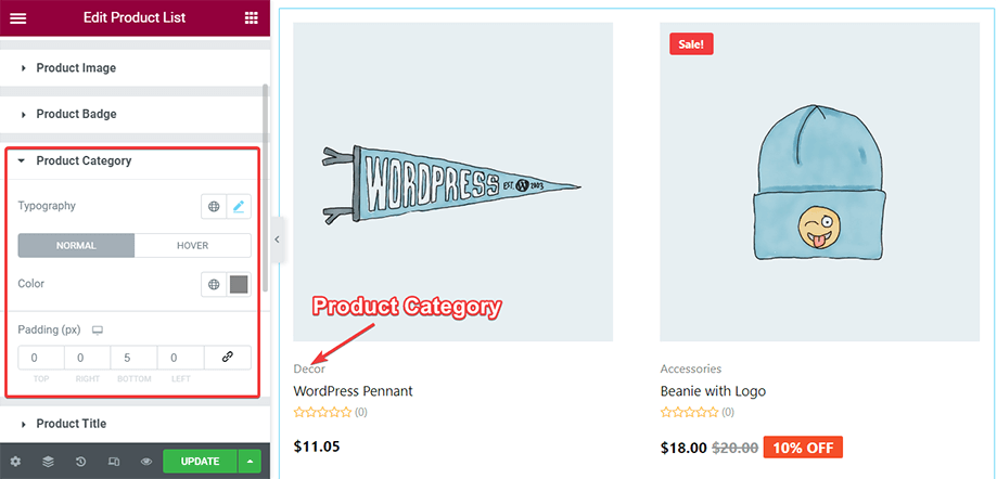 Modifica dello stile della categoria di prodotto