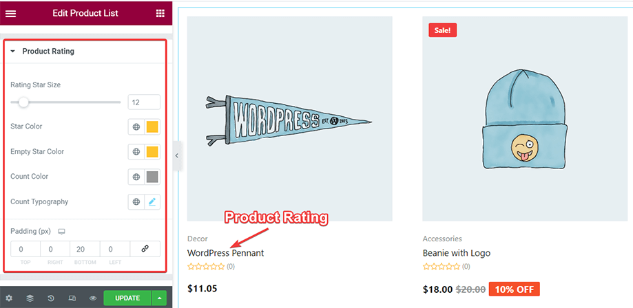 modifica la valutazione del prodotto con il widget dell'elenco dei prodotti
