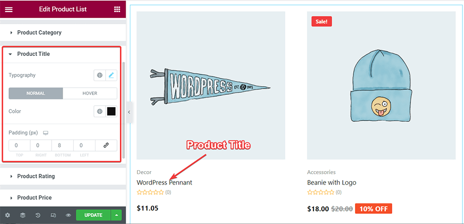 Modifica del titolo del prodotto con elenco prodotti
