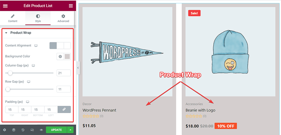Modifica lo stile dell'elenco dei prodotti