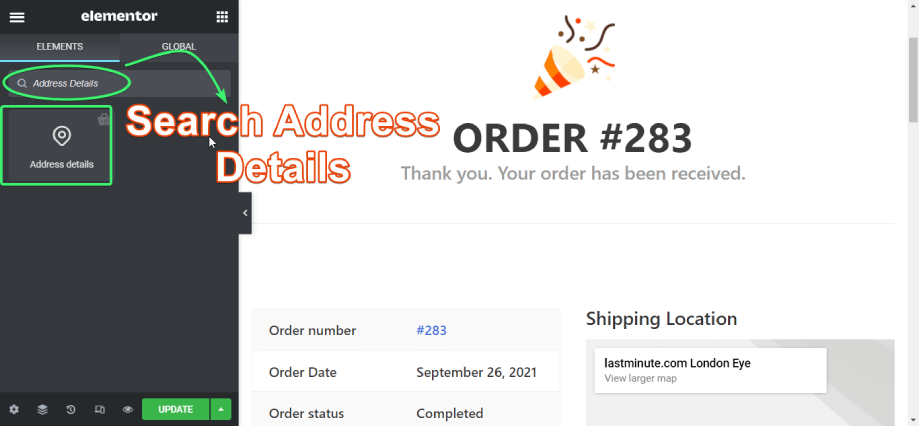 przeszukaj widżet szczegółów adresowych shopengine na elementorze