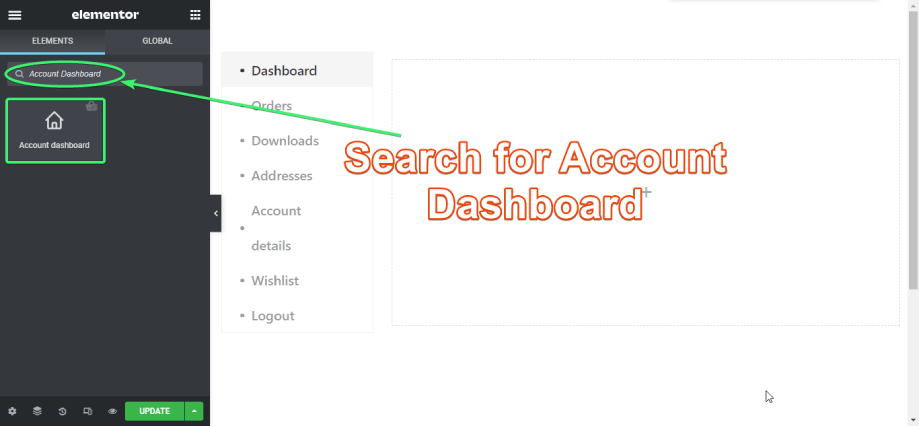 Find the Account Dashboard Widget on Elementor