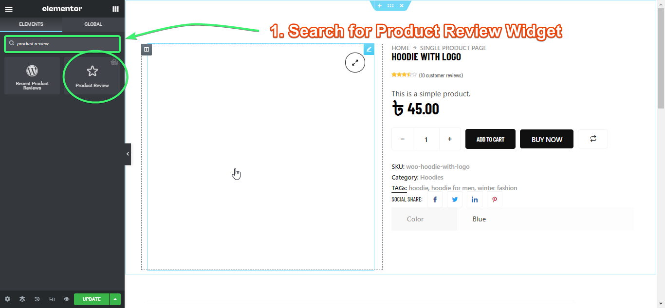 Search for the product review widget of ShopEngine