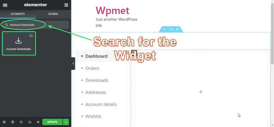 buscar el widget de descargas de cuenta de shopengine en elementor