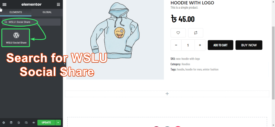 Rechercher le widget WSLU Social Share sur elementor