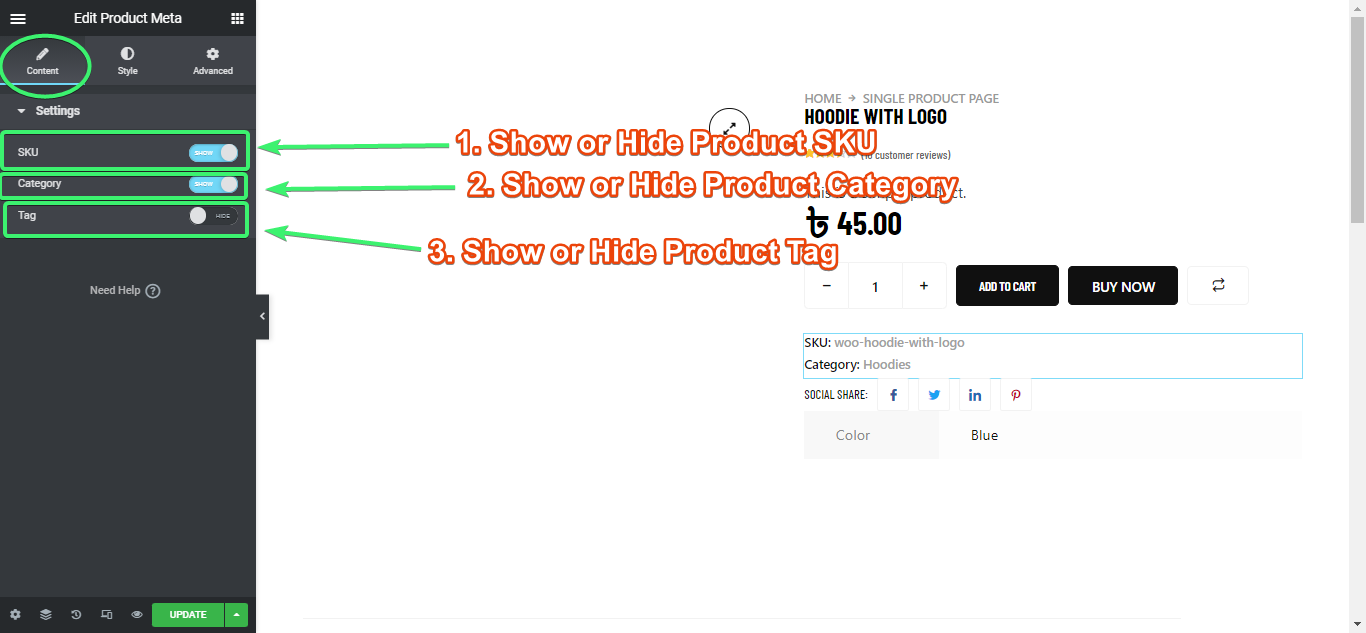 visa eller dölj produktmetawidgeten för ShopEngine