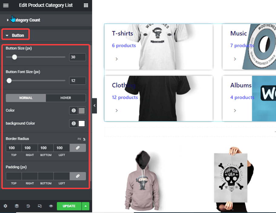 elenco delle categorie di prodotti del pulsante delle impostazioni di stile