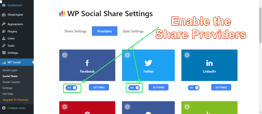 Activez les fournisseurs de partage requis à partir de Wp Social