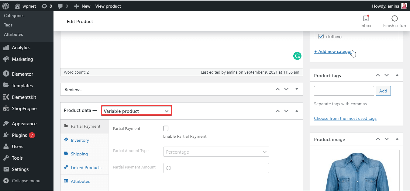 Seleziona i dati del prodotto per i campioni di variazione