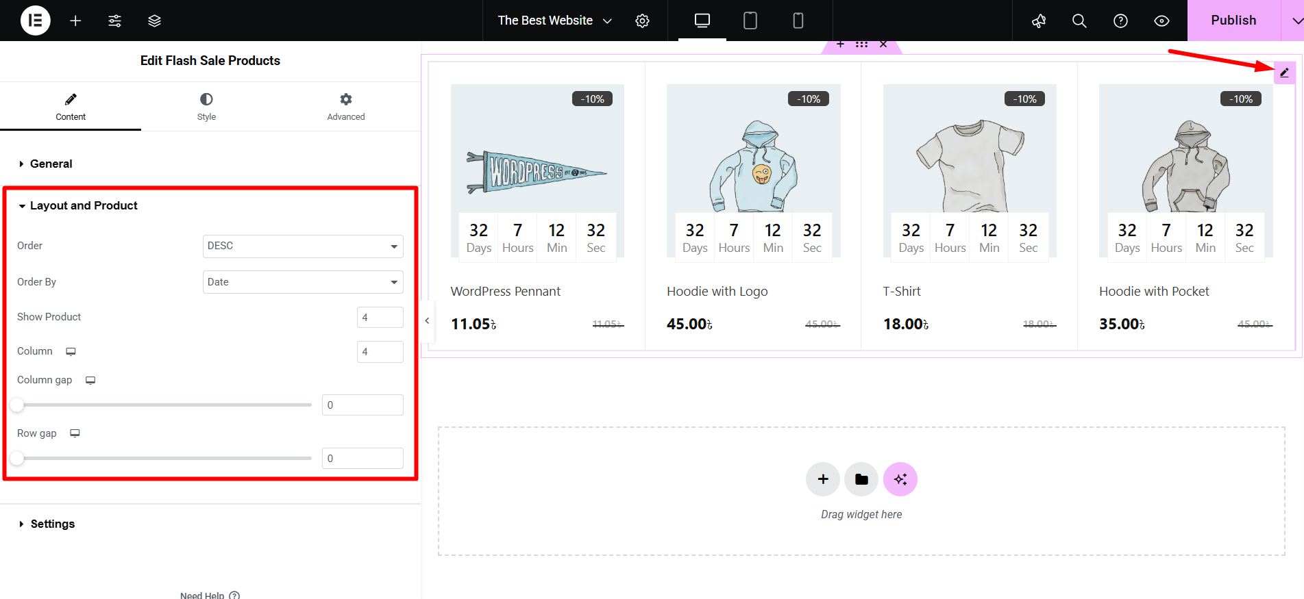 Edit layout and products