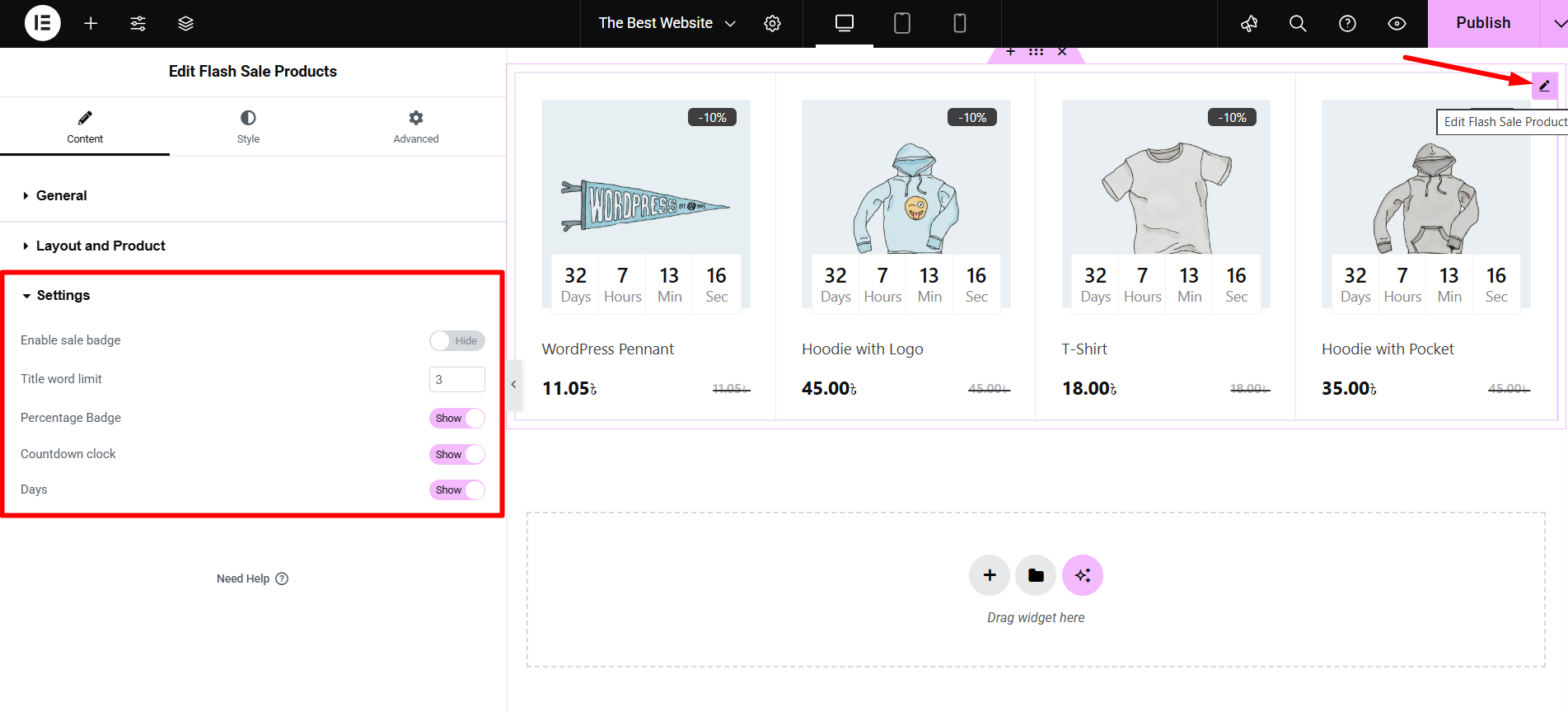 Edit settings to customized products