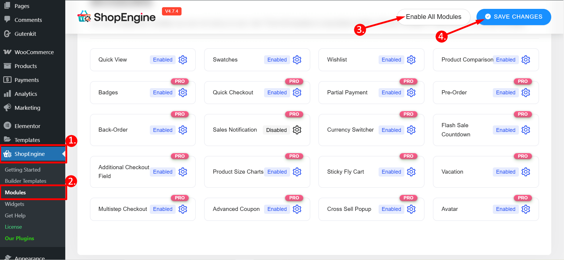 Enable all modules of ShopEngine