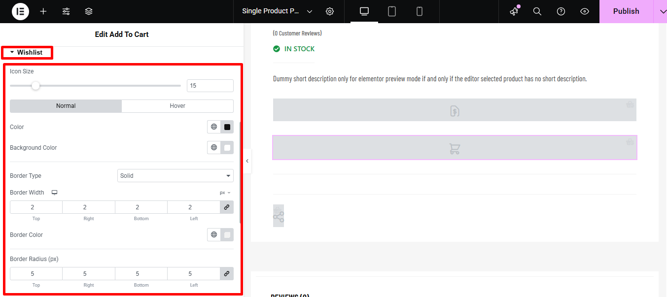 Paramètres de style de liste de souhaits du widget Ajouter au panier