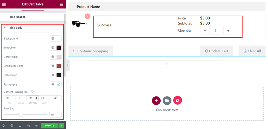 Table de chariot exposée avec section de corps de table sous l'onglet de style