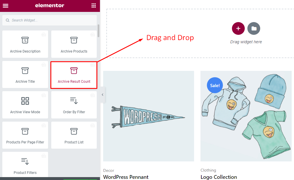 Dra och släpp widgeten för antal arkivresultat