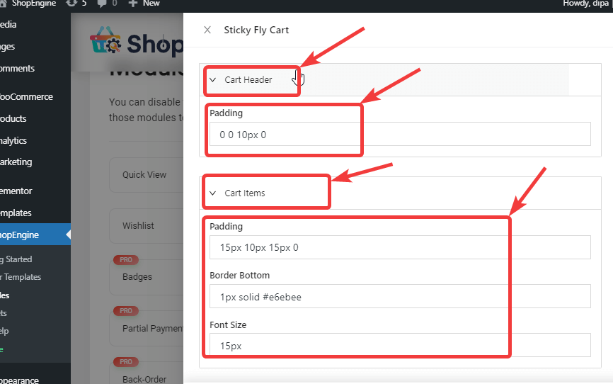 cart header and cart items settings