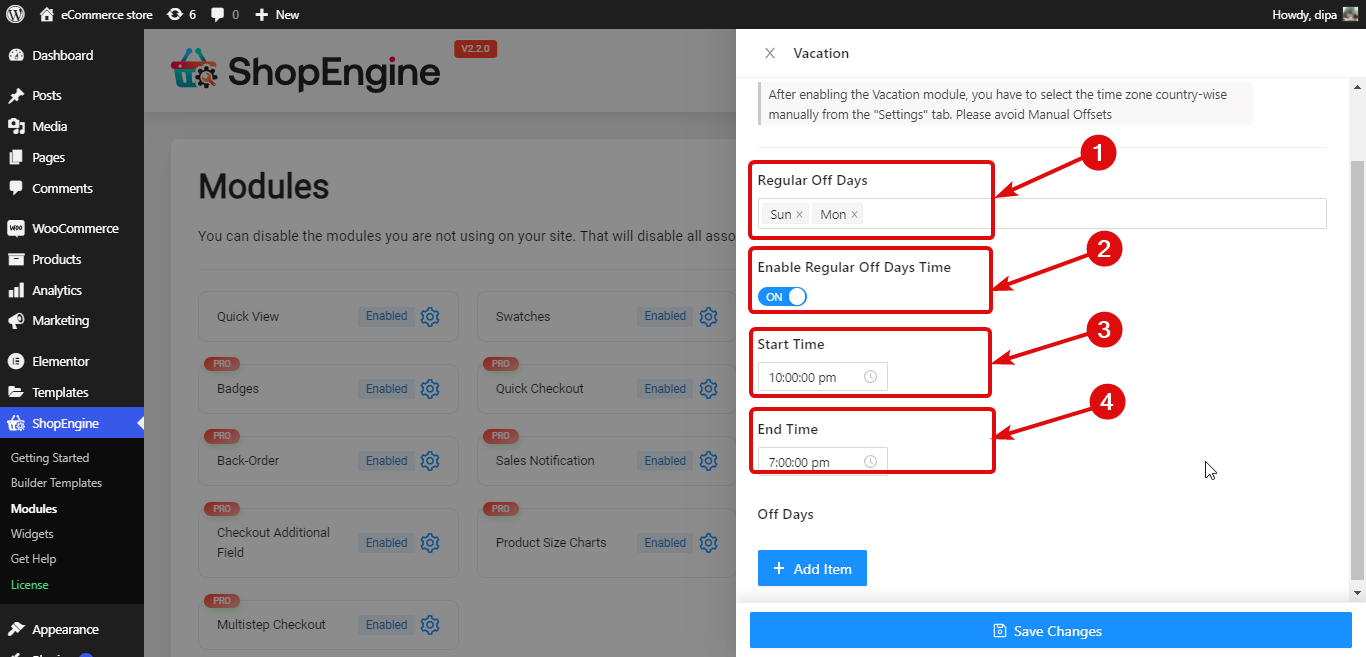 Add weekly offdays notice WooCommerce ShopEngine vacation module