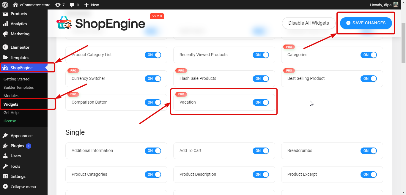 turn on ShpopEngine Vacation Widget
