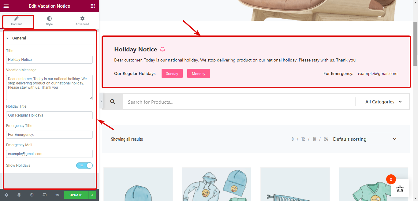 vacation widget content settings with ShopEngine