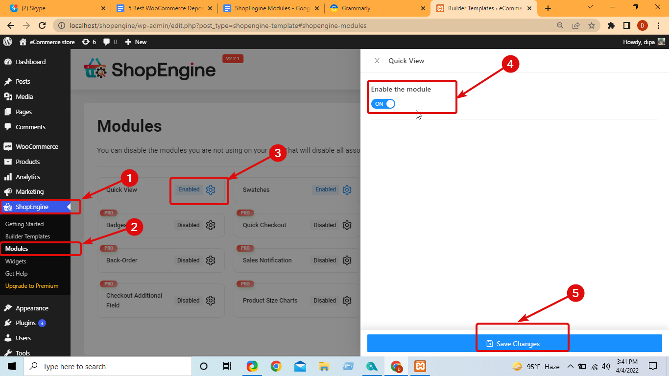 habilitar el módulo ShopEngine gutenberg