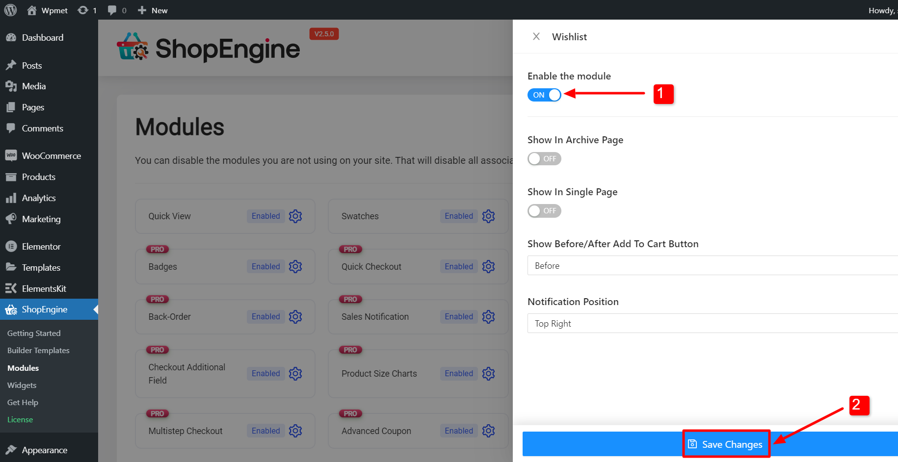 enable Wishlist module of ShopEngine