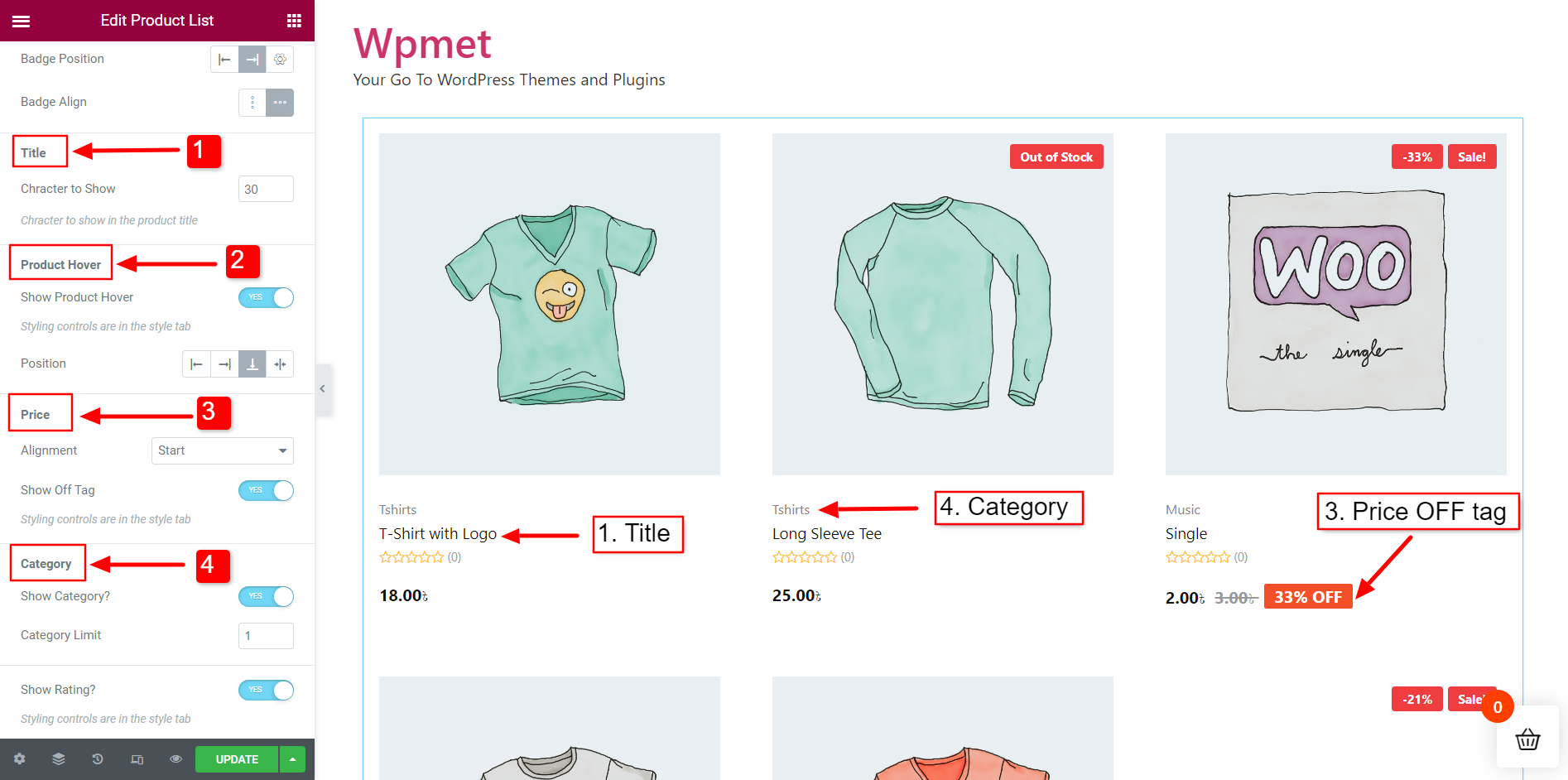 Un'immagine che mostra l'impostazione del widget Elenco prodotti di ElementsKit