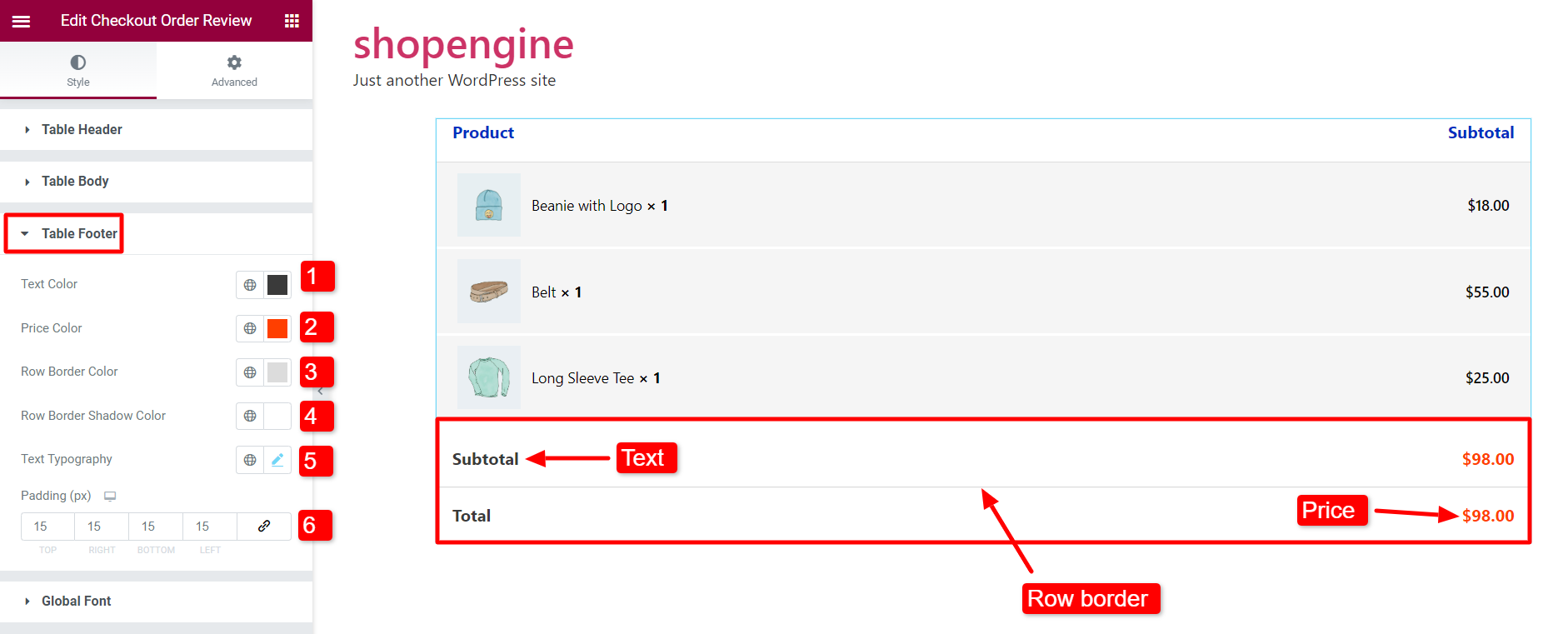 Personalizzazione del piè di pagina della tabella del widget di revisione degli ordini di Shopengine