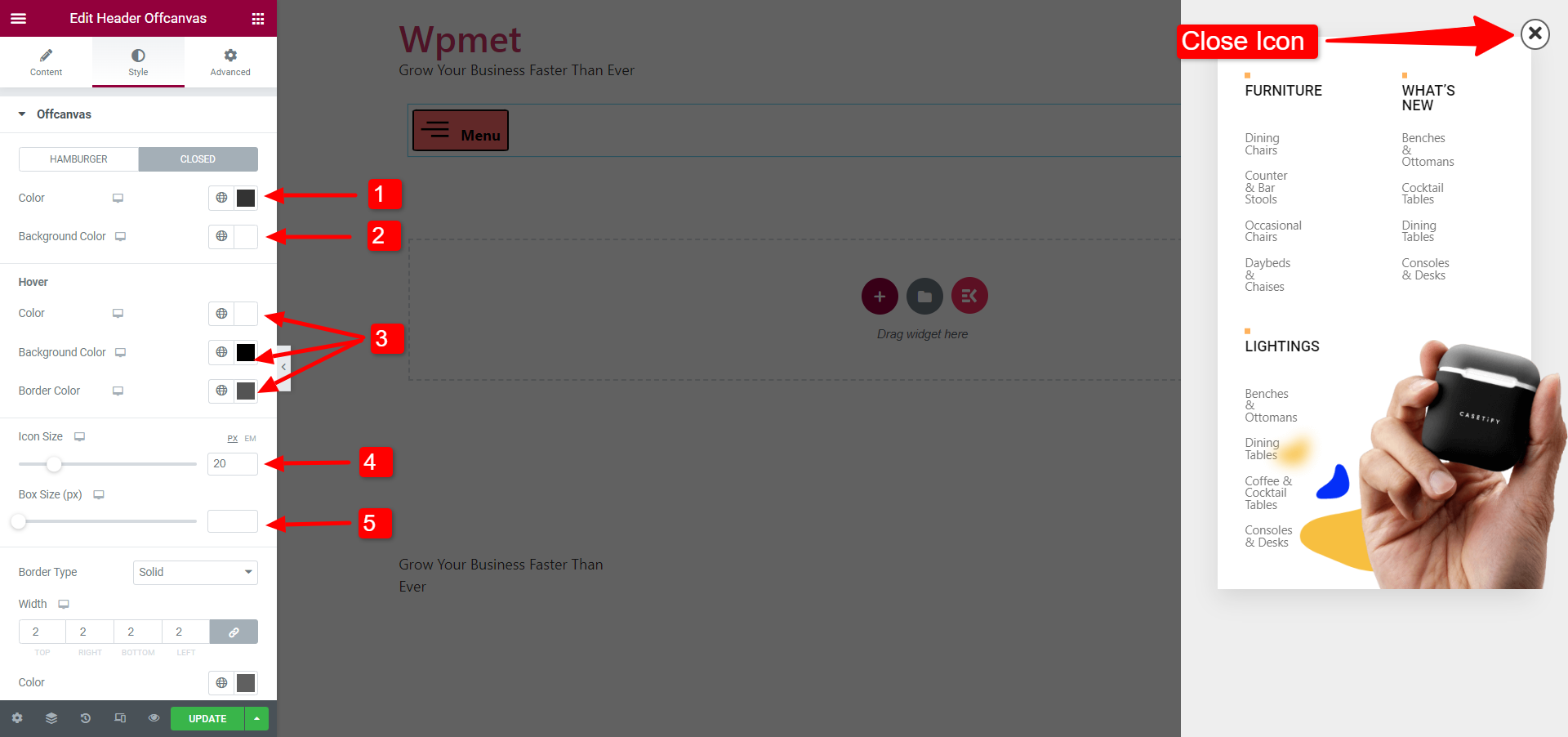 anpassa off canvas stängningsknapp