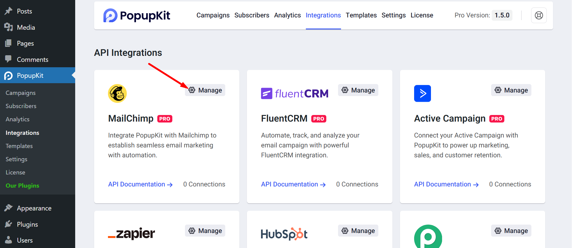 Click on the manage button of Mailchimp