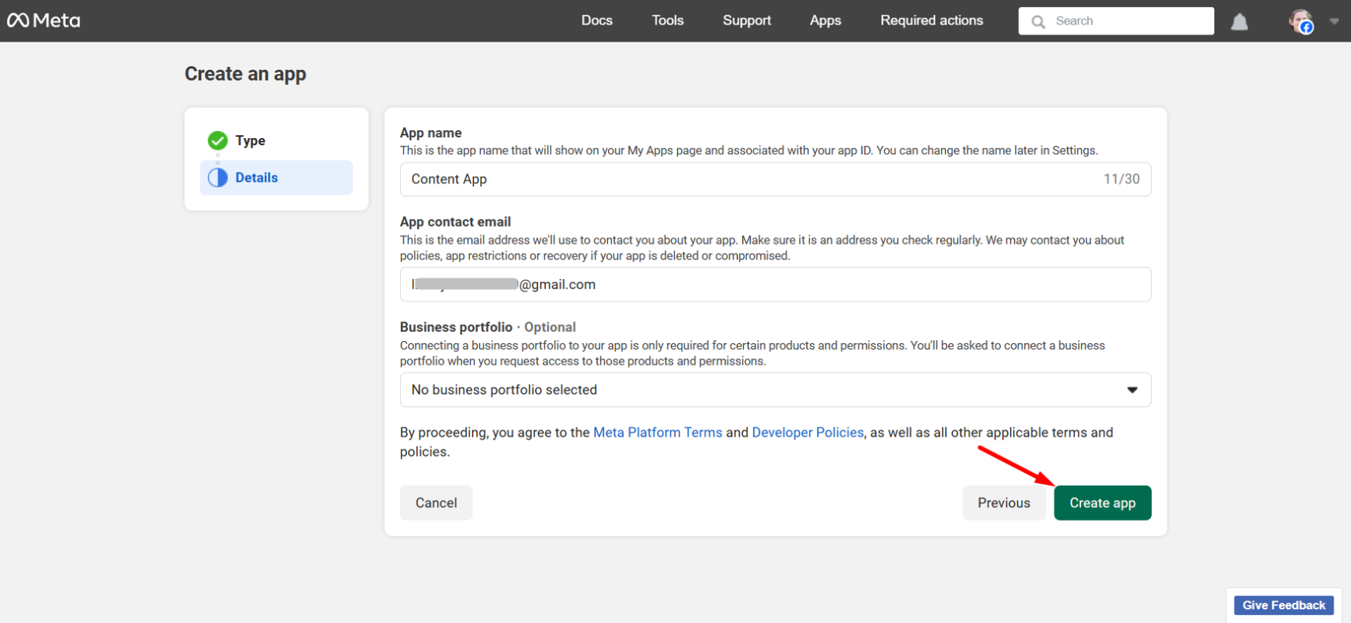 Check everything and click on the Create app button