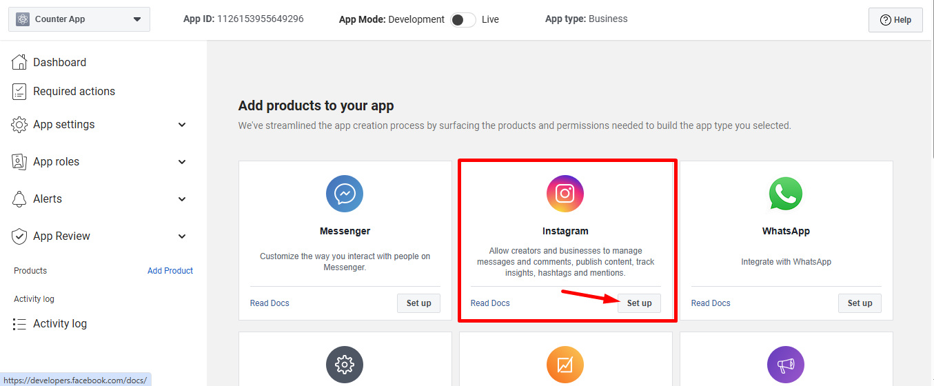 Find the Instagram and click on the set up button
