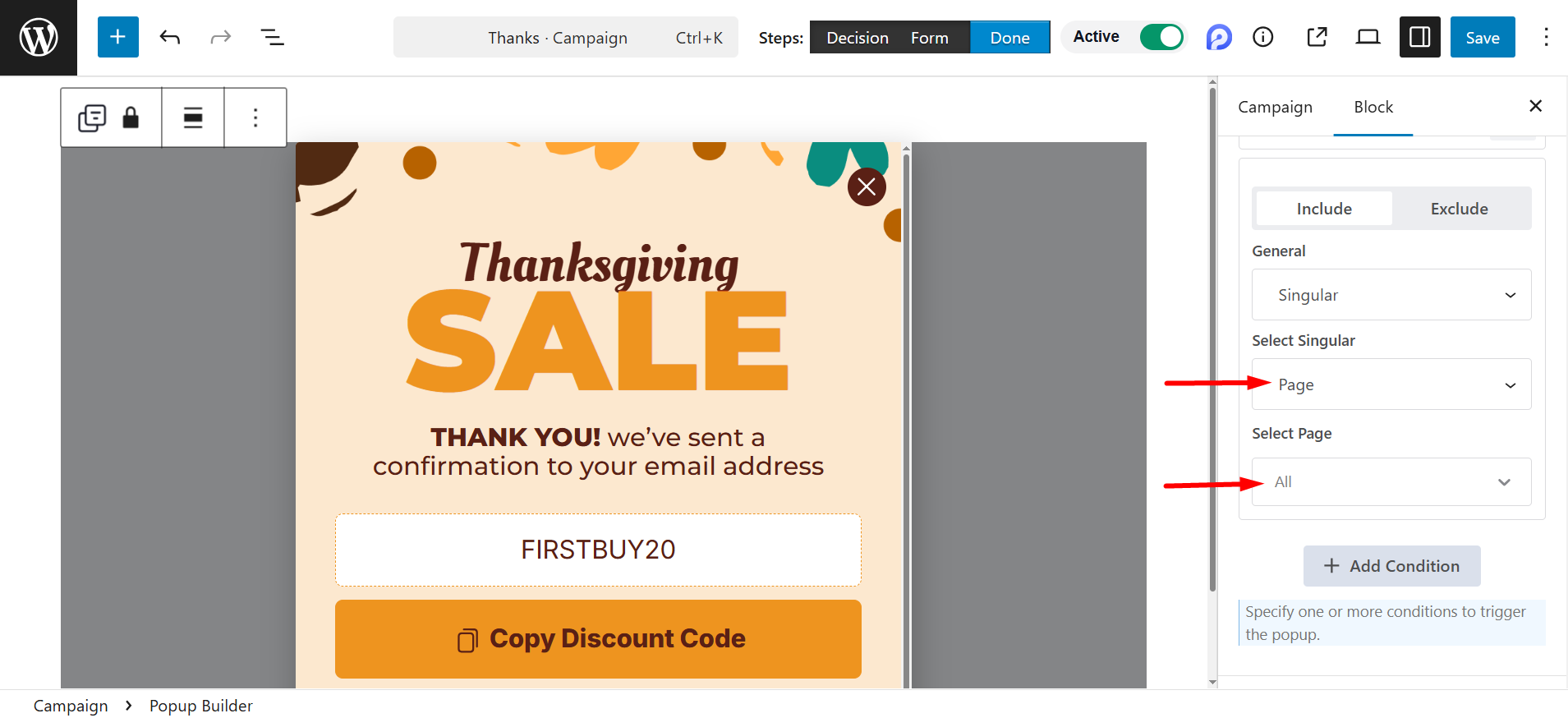 For page you can choose a specific page