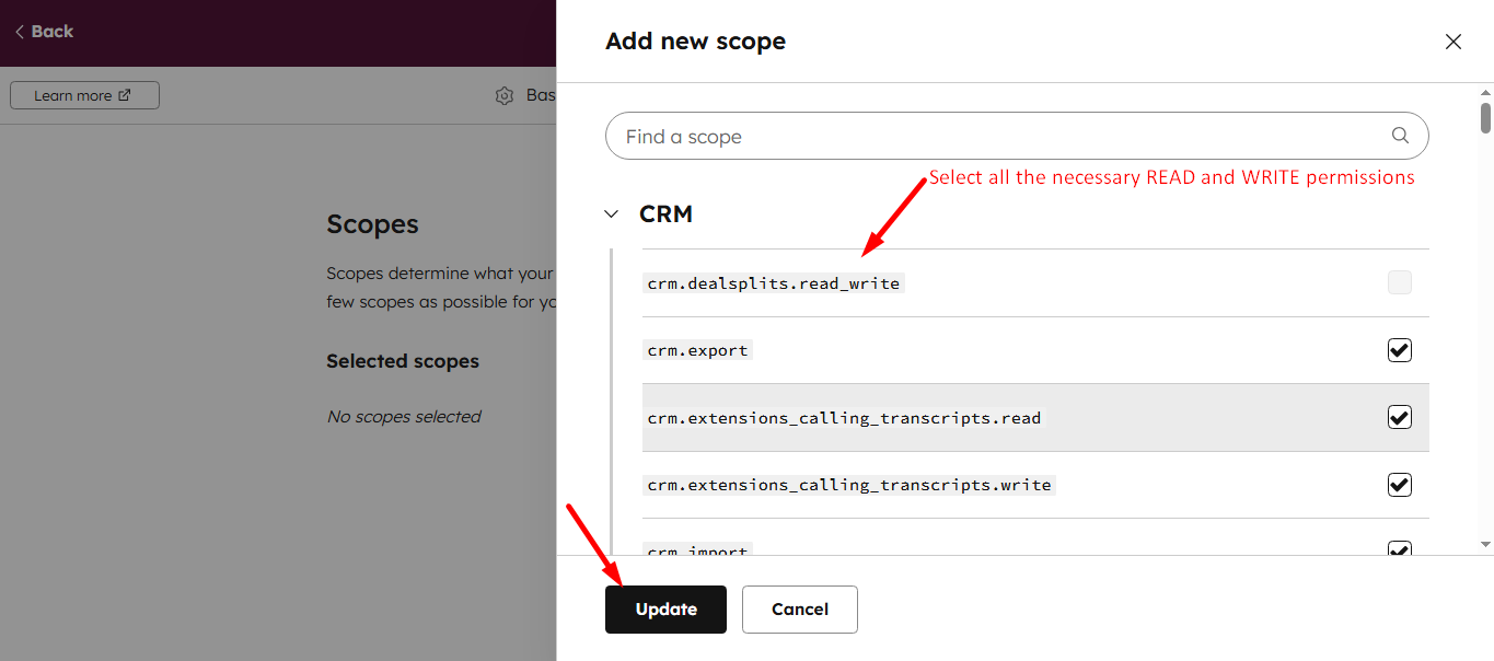 Select all the necessary READ and WRITE permissions