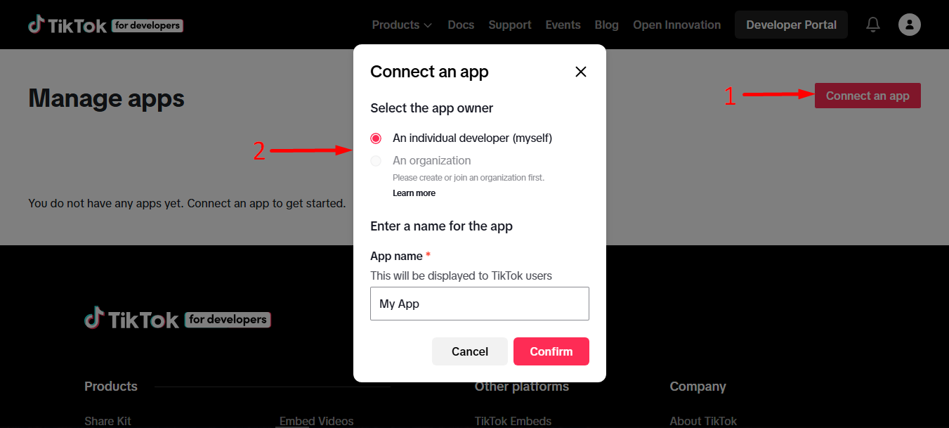click on the Connect an app button and give an app name