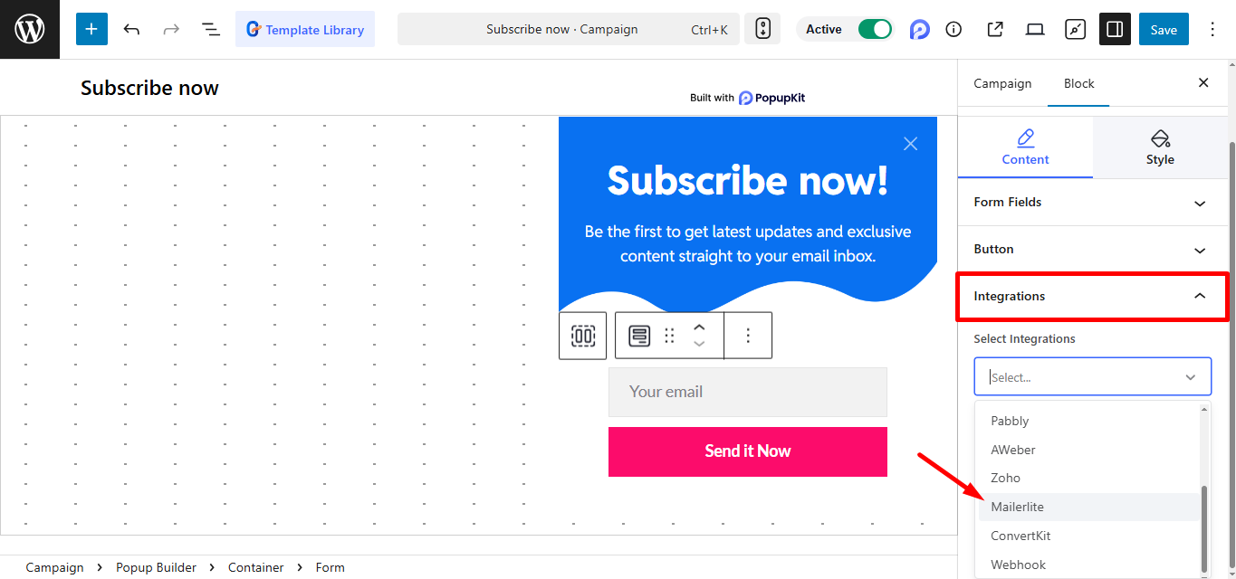 Select Mailer Lite from the integrations list
