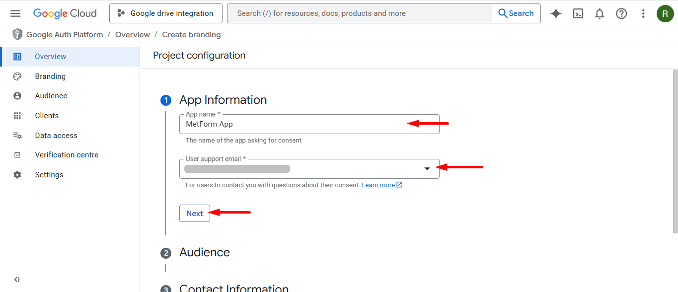 Set a App name and provide support email, then click Next