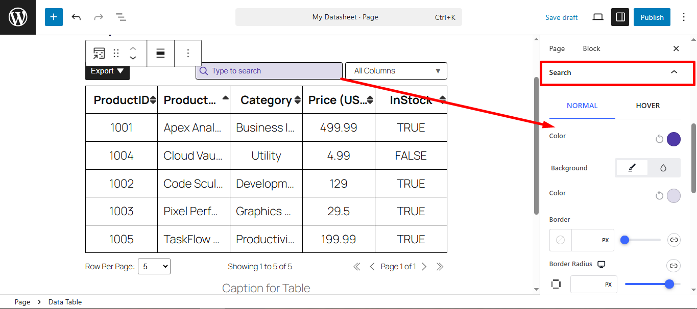 Style the search field of the data table