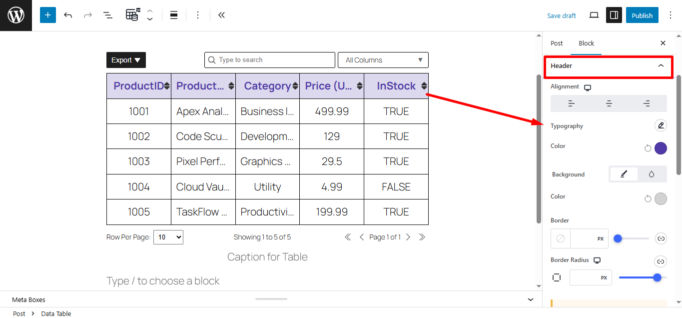 Customize data table's header