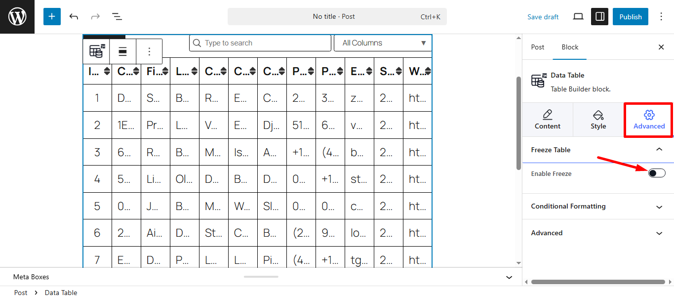 Find freeze table in the advanced section of data table and enable it