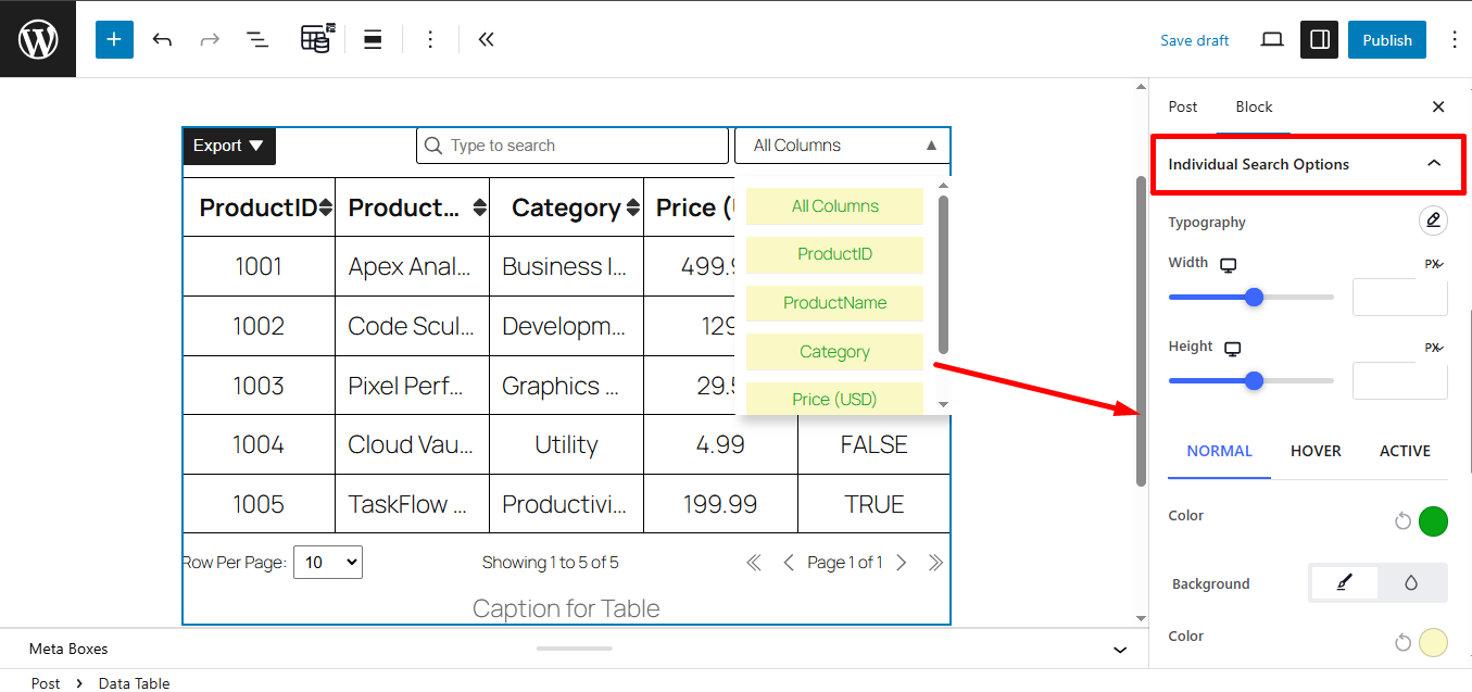 Style individual search options