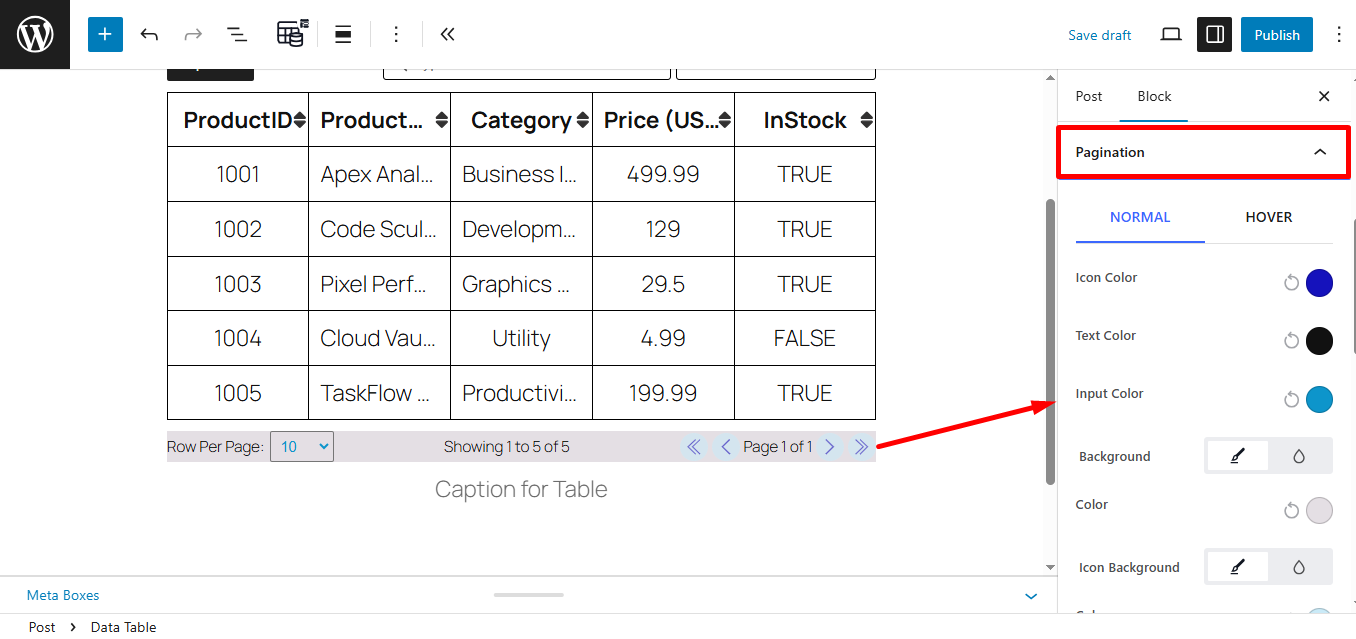 Style pagination of data table