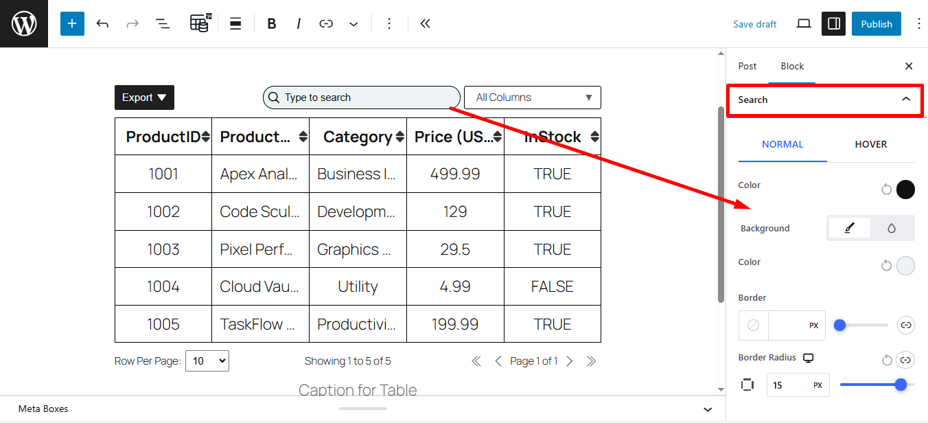 Style search bar of data table