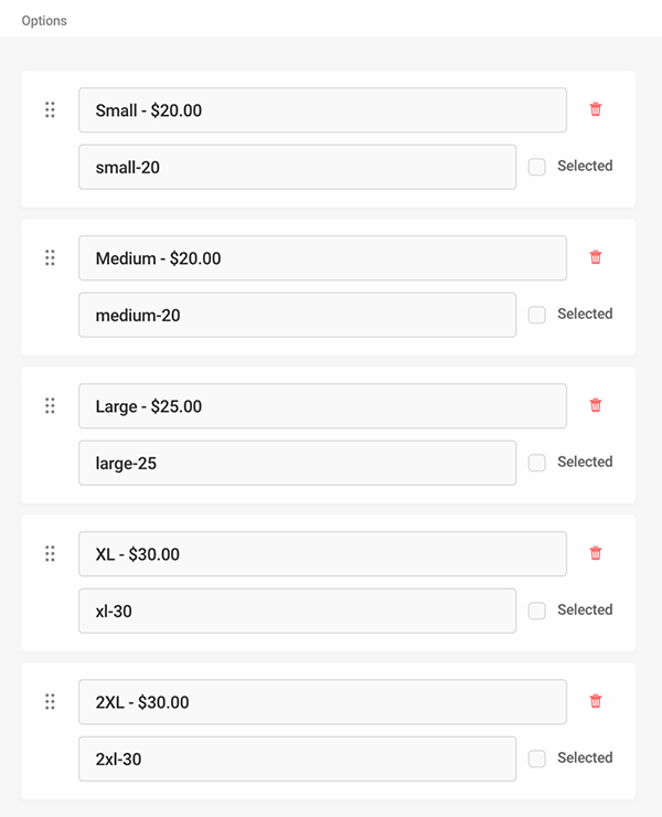 Different size options for t-shirts.